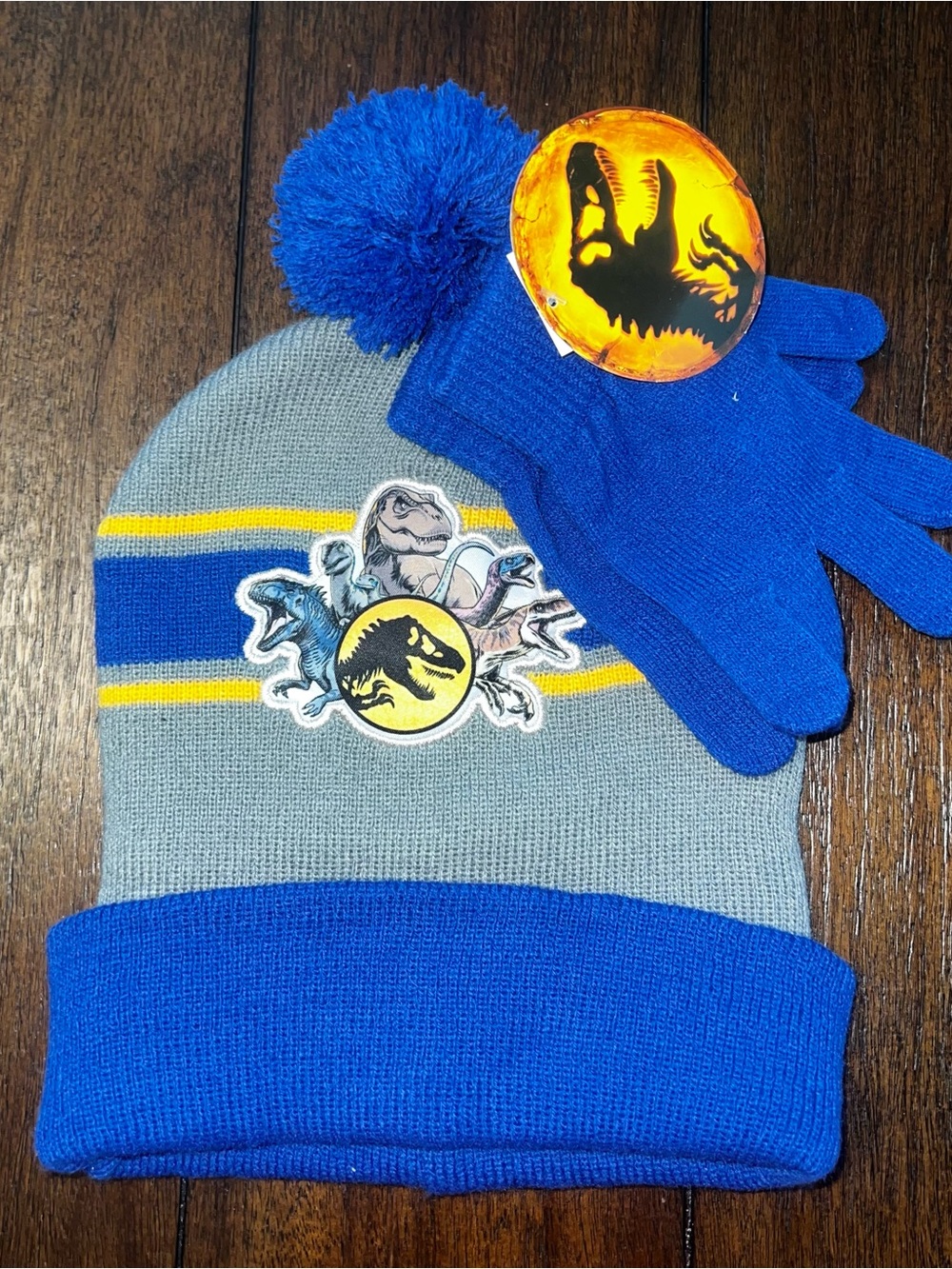 Kids Blue & Gray Dinosaur Pom Beanie and Gloves Set